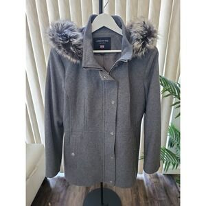 London Fog Women's Gray Hooded Coat with Faux Fur Trim